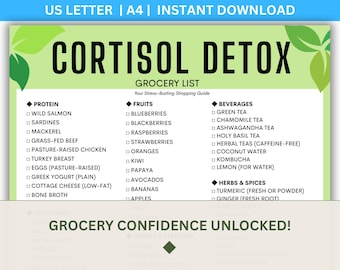 Lista de la compra para la desintoxicación de cortisol, alimentos para aliviar el estrés (descarga en PDF)