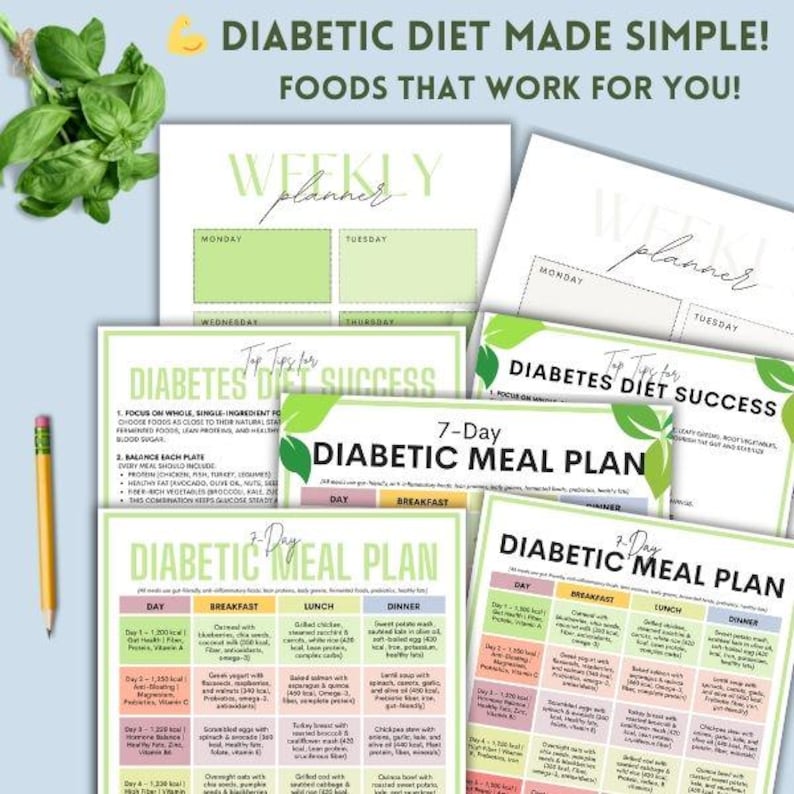May include: A collection of printable planners and guides for a diabetic diet. The image features a weekly planner, a 7-day meal plan, and tips for success. The text includes "Diabetic Diet Made Simple! Foods That Work For You!"