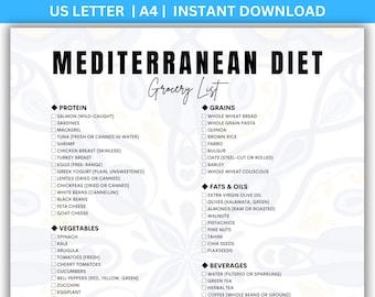 Mediterranean Diet Grocery List, Healthy Meal Prep (A4/US Letter PDF Download)