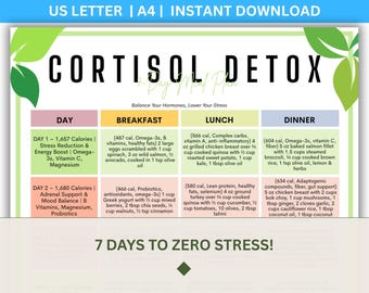 May include: A colorful printable meal plan titled "Cortisol Detox" with daily calorie counts and meal suggestions for breakfast, lunch, and dinner. The plan includes text that says "7 Days to Zero Stress!" and "Balance Your Hormones, Lower Your Stress."