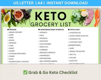 Puede incluir: Una lista de compras Keto imprimible con categorías para proteínas, verduras sin almidón y grasas y aceites. La lista incluye elementos como carne de res alimentada con pasto, espinacas, aceite de aguacate y más. El texto "Grab & Go Keto Checklist" también es visible.