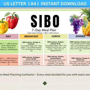 May include: A colorful SIBO 7-Day Meal Plan digital download. The image features a meal plan with daily calorie ranges, breakfast, lunch, and dinner options. It includes illustrations of fruits and vegetables like bell peppers, grapes, and pineapple. The text includes "US LETTER | A4 | INSTANT DOWNLOAD".