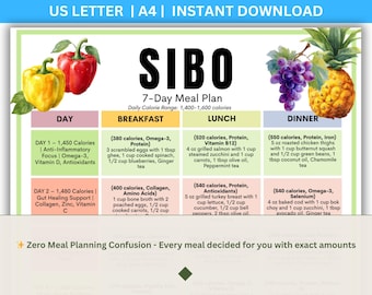 May include: A colorful SIBO 7-Day Meal Plan digital download. The image features a meal plan with daily calorie ranges, breakfast, lunch, and dinner options. It includes illustrations of fruits and vegetables like bell peppers, grapes, and pineapple. The text includes "US LETTER | A4 | INSTANT DOWNLOAD".