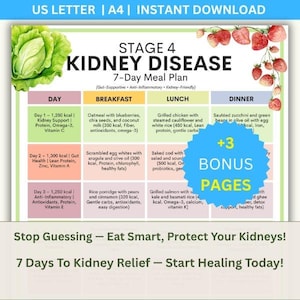 Könnte beinhalten: Eine farbenfrohe Infografik mit dem Titel "STAGE 4 KIDNEY DISEASE 7-Day Meal Plan" mit Mahlzeitenempfehlungen für Frühstück, Mittag- und Abendessen. Der Plan enthält Rezepte und Nährwertangaben. Der Text "Stop Guessing - Eat Smart, Protect Your Kidneys!" ist ebenfalls sichtbar.