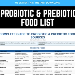 Complete Guide to Probiotic and Prebiotic Food Sources PDF featuring detailed gut health reference tables and food pairings.