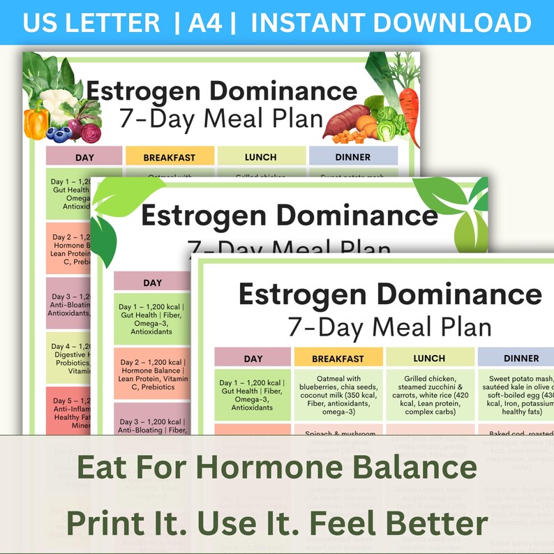 May include: A colorful meal plan titled "Estrogen Dominance 7-Day Meal Plan" with text and graphics. The plan includes daily meal suggestions for breakfast, lunch, and dinner, with nutritional information. The text "Eat For Hormone Balance" and "Print It. Use It. Feel Better" are also visible.