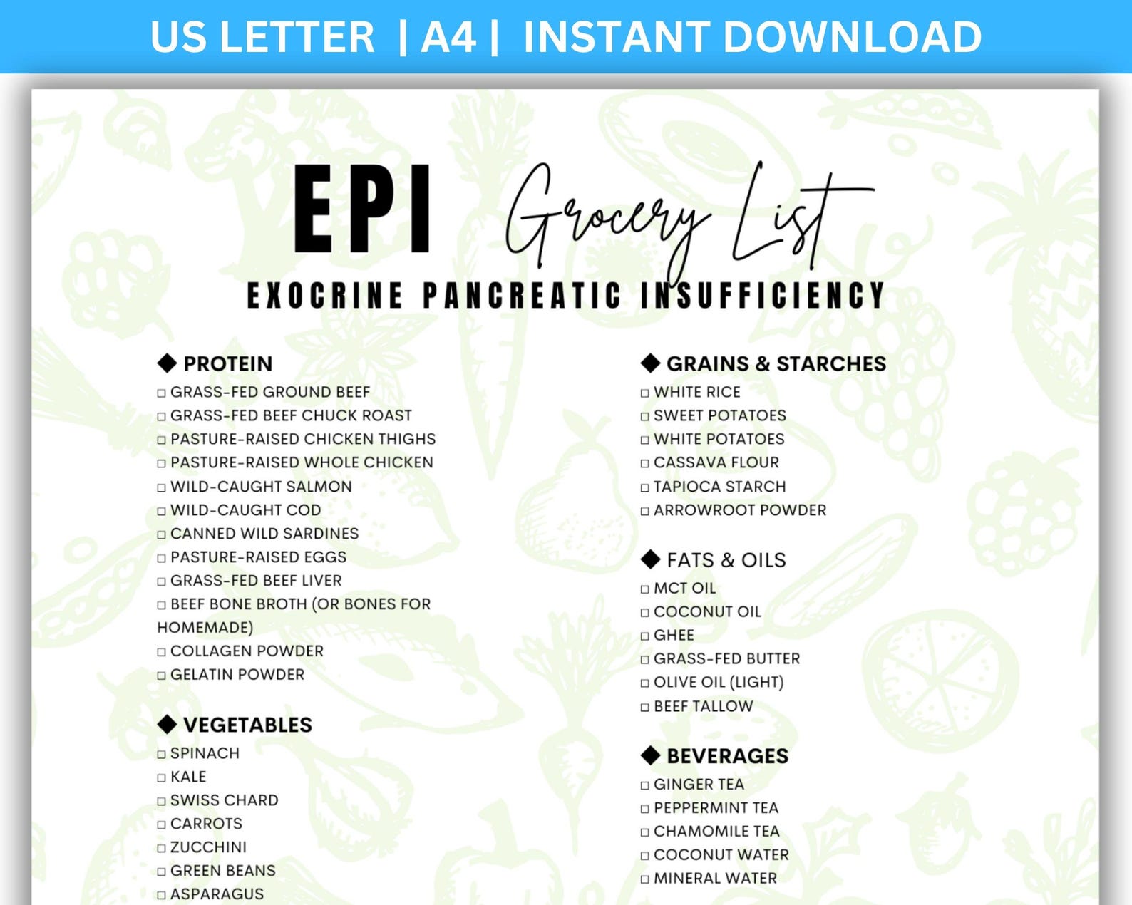 EPI Diet Sheet, Epi Food List, Exocrine Pancreatic Insufficiency Pdf ...