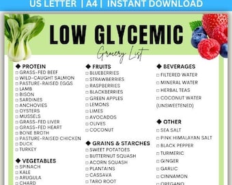 Low Glycemic Grocery List, Blood Sugar Shopping List, Low GI Food Checklist, Healthy Grocery Guide, Clean Eating Shopping, Printable List