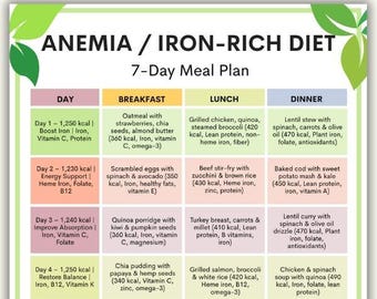 May include: A colorful infographic detailing a 7-day meal plan for an anemia/iron-rich diet. The plan includes breakfast, lunch, and dinner options with calorie counts and nutritional information. The image is a US Letter and A4 instant download.