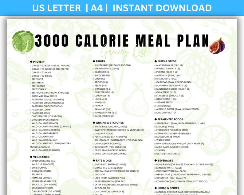 3000 Calorie Grocery List PDF, Meal Plan Shopping List, High Protein ...