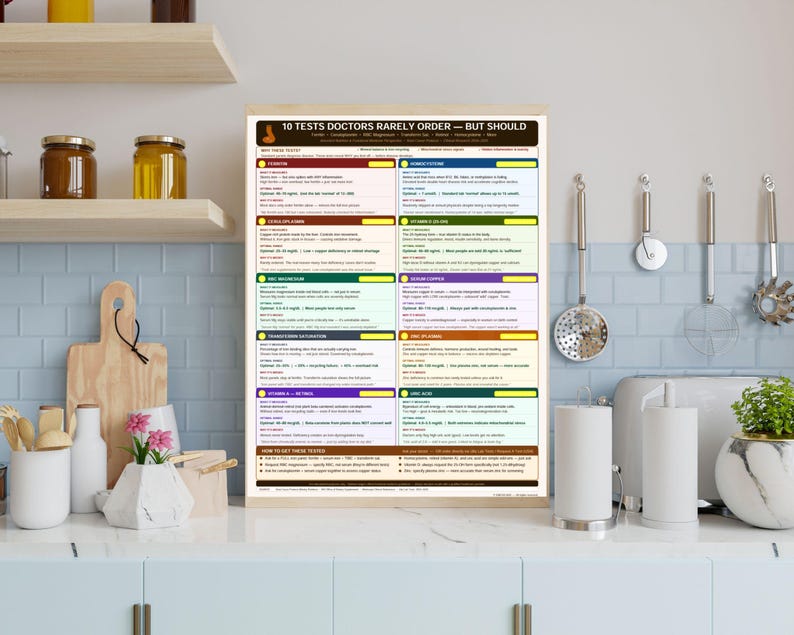 10 Functional Lab Tests Guide, Root Cause Medicine Chart, 2025 Optimal Lab Ranges, Ferritin Magnesium Homocysteine, Health, PDF, functional labs, optimal ranges, root cause guide, blood work chart, ferritin levels, rbc magnesium, homocysteine, health tracker, medical reference, wellness guide, health printable, biohacking tool, lab test pdf