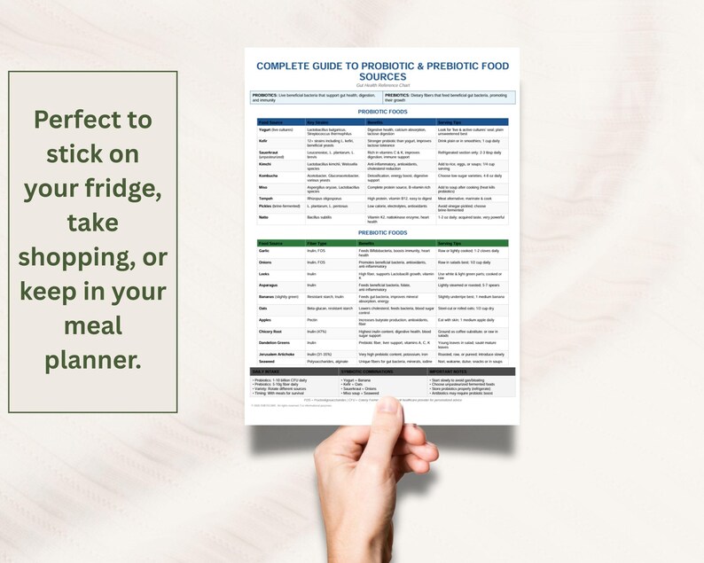gut health, probiotic foods, prebiotic list, fermented food, microbiome diet, digestive health, inulin fiber, probiotic strains, health printable, nutrition chart, synbiotic foods, wellness guide, diet reference