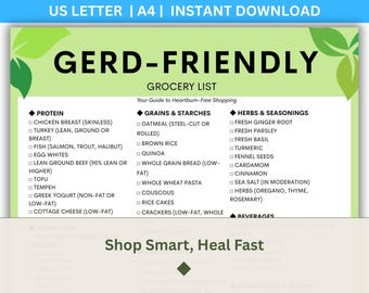 Lista de la compra para personas con ERGE, dieta para el reflujo ácido, alivio de la acidez estomacal (descarga digital)