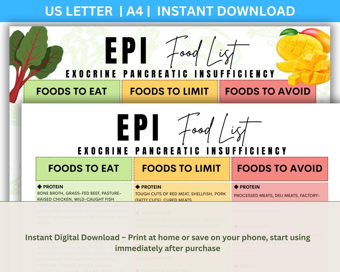 EPI Diet Sheet, EPI Food List, Exocrine Pancreatic Insufficiency PDF ...