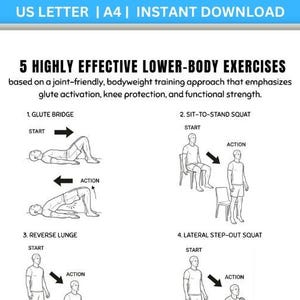 May include: A white sheet with black text and illustrations detailing five lower-body exercises. The exercises include glute bridges, sit-to-stand squats, reverse lunges, and lateral step-out squats. The sheet is labeled "US LETTER | A4 | INSTANT DOWNLOAD."