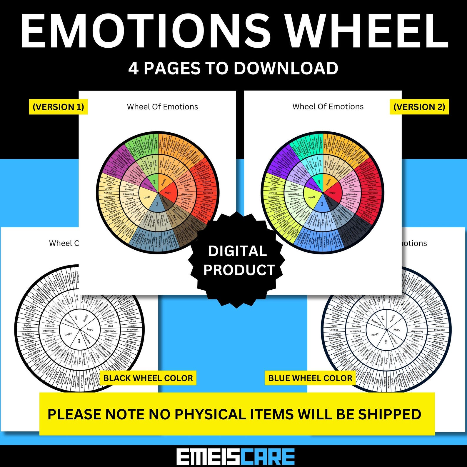 Emotions Wheel Printable Bundle: Therapy & Mental Health Tool (PDF ...