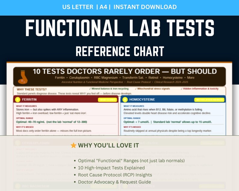 10 Functional Lab Tests Guide, Root Cause Medicine Chart, 2025 Optimal Lab Ranges, Ferritin Magnesium Homocysteine, Health, PDF, functional labs, optimal ranges, root cause guide, blood work chart, ferritin levels, rbc magnesium, homocysteine, health tracker, medical reference, wellness guide, health printable, biohacking tool, lab test pdf