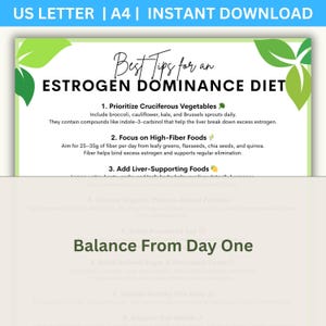 May include: A printable guide titled "Best Tips for an Estrogen Dominance Diet" with green leaf accents. The guide lists dietary recommendations, including cruciferous vegetables, high-fiber foods, and liver-supporting foods. The text "Balance From Day One" is also featured.