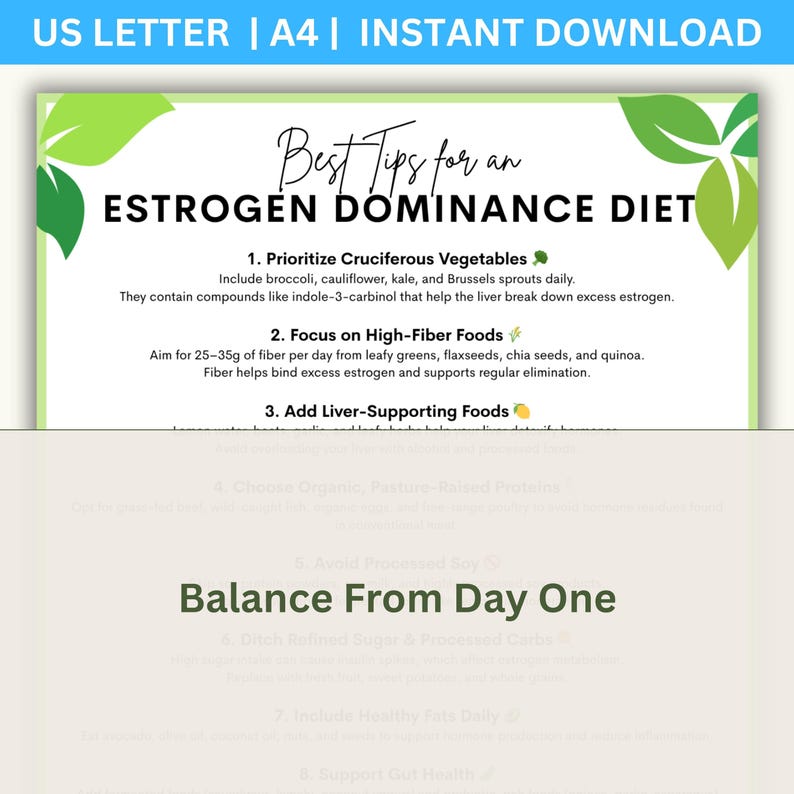 May include: A printable guide titled "Best Tips for an Estrogen Dominance Diet" with green leaf accents. The guide lists dietary recommendations, including cruciferous vegetables, high-fiber foods, and liver-supporting foods. The text "Balance From Day One" is also featured.
