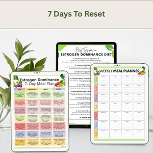 May include: Digital meal planning templates for an estrogen dominance diet. The image shows a tablet with the text "7 Days To Reset" and "Estrogen Dominance 7-Day Meal Plan". There is also a "Weekly Meal Planner" template.