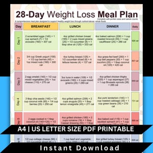 28-Day Weight Loss Meal Plan: Calorie Count, Shopping Lists (Digital Download A4/US Letter Format)