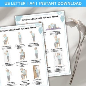 May include: Two printed sheets titled "SHOULDER EXERCISES FOR PAIN RELIEF" with illustrations of exercises. The top of the sheets read "US LETTER | A4 | INSTANT DOWNLOAD". The exercises include stretches and movements to alleviate shoulder pain. The sheets are light blue and white.