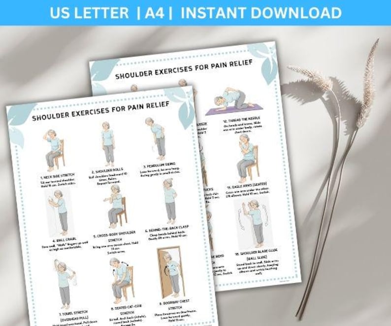 May include: Two printed sheets titled "SHOULDER EXERCISES FOR PAIN RELIEF" with illustrations of exercises. The top of the sheets read "US LETTER | A4 | INSTANT DOWNLOAD". The exercises include stretches and movements to alleviate shoulder pain. The sheets are light blue and white.