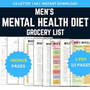 Puede incluir: Un conjunto de páginas imprimibles con el texto "MEN'S MENTAL HEALTH DIET GROCERY LIST". Las páginas incluyen listas de compras, rastreadores de suplementos y páginas de bonificación. La imagen también incluye el texto "US LETTER | A4 | INSTANT DOWNLOAD".
