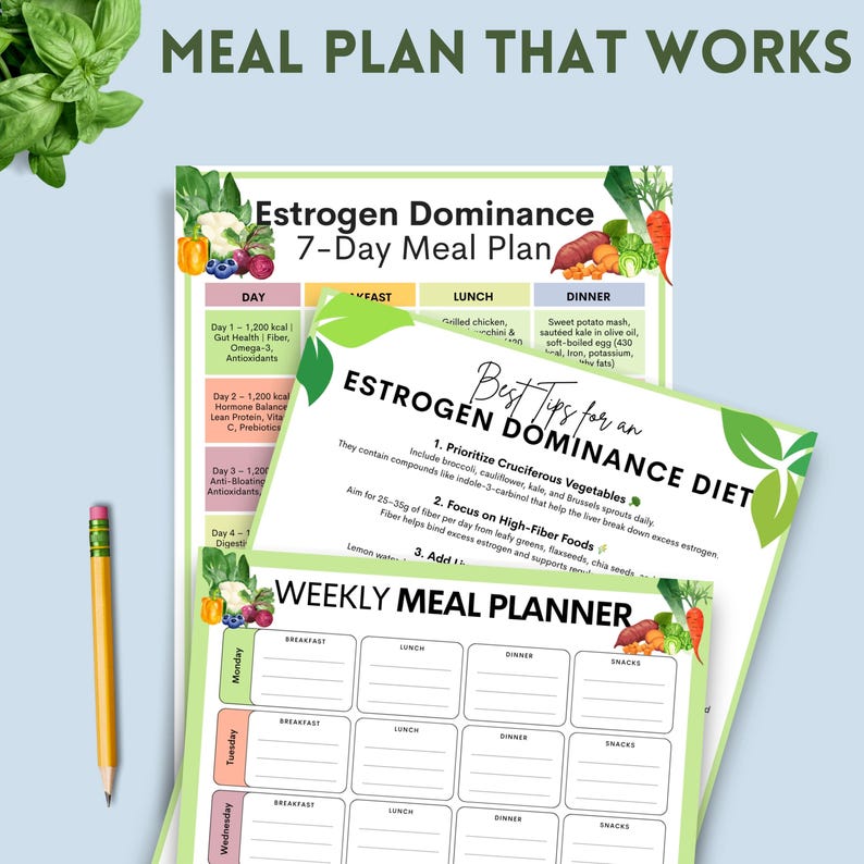 May include: A colorful meal plan titled "Estrogen Dominance 7-Day Meal Plan" with a weekly meal planner. The plan includes daily calorie targets, meal suggestions, and tips for an estrogen dominance diet. A pencil rests on the side.