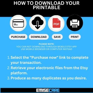 May include: A blue graphic with instructions on how to download a printable. The image includes icons for purchase, download, save, and print. Text explains the process, including using a browser or computer instead of the Etsy app. The logo for EMISECARE is at the bottom.