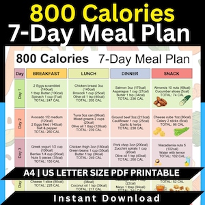 800 Calorie Meal Plan, 7 Day Diet Plan, Weight Loss Meal Plan, Digital Download, Grocery List, Meal Prep, Healthy Eating Guide