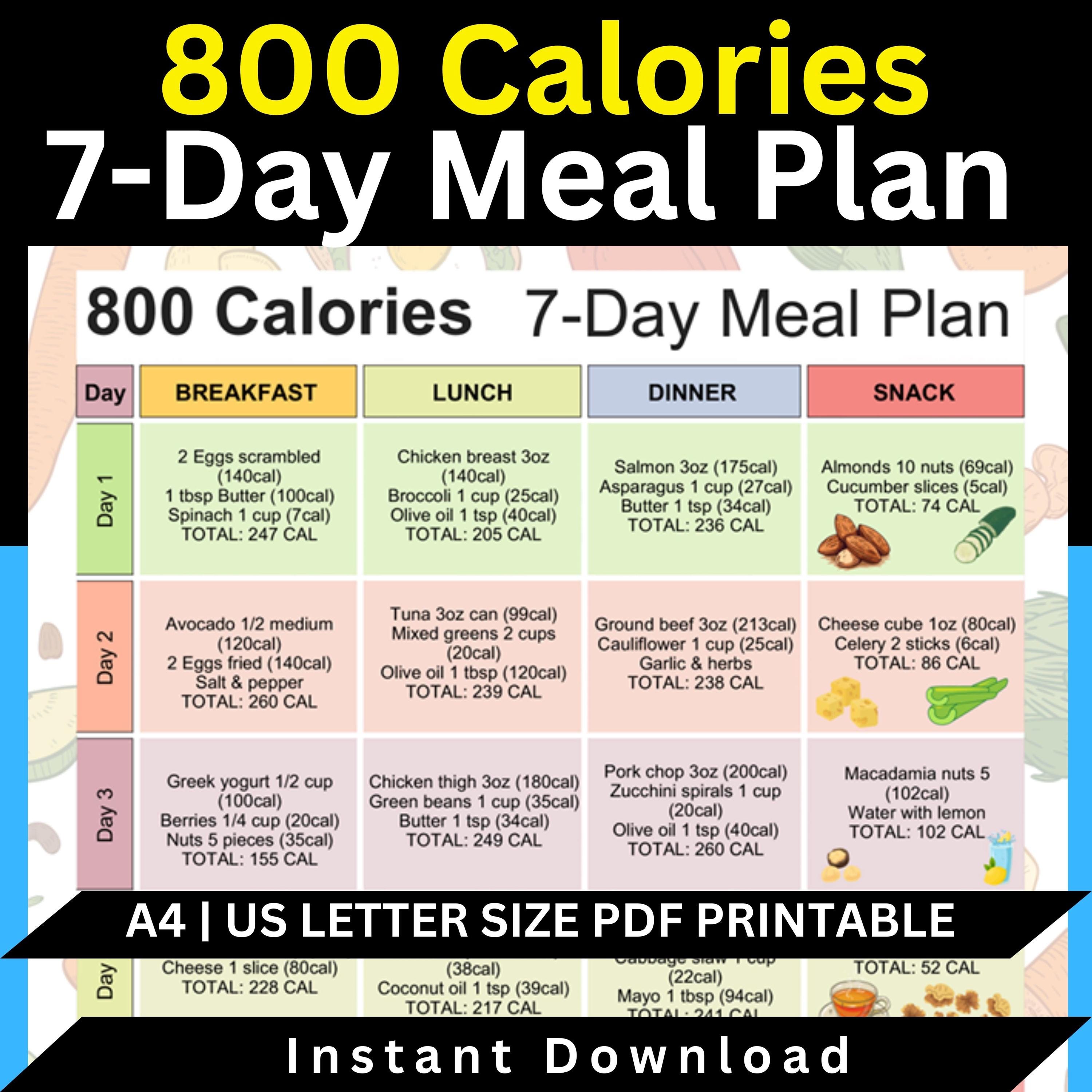 800 Calorie Meal Plan, 7 Day Diet Plan, Weight Loss Meal Plan, Digital Download, Grocery List, Meal Prep, Healthy Eating Guide