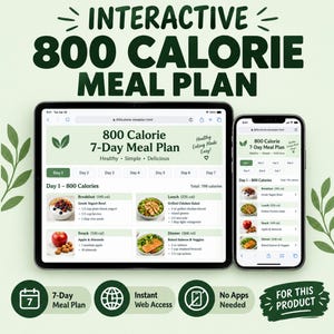 7 Day 800 Calorie Meal Plan HTML Digital Download, Interactive Meal Prep Guide, Low Cal Meal Tracker, Keto Grocery List, Digital Download