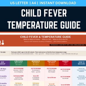 May include: A printable child fever temperature guide with a navy blue and white header. The guide provides fever temperature ranges and actions to take based on age, with color-coded sections for easy reference.