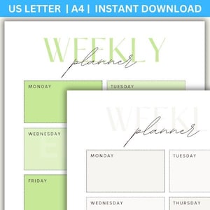 May include: A printable weekly planner with a minimalist design. The planner features a light green and white color scheme, with the words "WEEKLY planner" in a handwritten font. The days of the week are listed in boxes for easy scheduling. The text "US LETTER | A4 | INSTANT DOWNLOAD" is at the top.