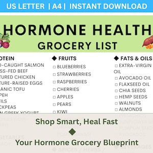 以下が含まれることがあります： 「ホルモン健康食料品リスト」と題された印刷可能な食料品リスト。タンパク質、果物、脂肪と油のセクションがあります。野生のサーモン、ブルーベリー、エキストラバージンオリーブオイルなどのアイテムが含まれています。「Shop Smart, Heal Fast」というテキストも含まれています。