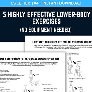 May include: A digital download titled "5 Highly Effective Lower-Body Exercises (No Equipment Needed)". The document details five glute exercises with illustrations and instructions. The text is in white on a dark blue background.