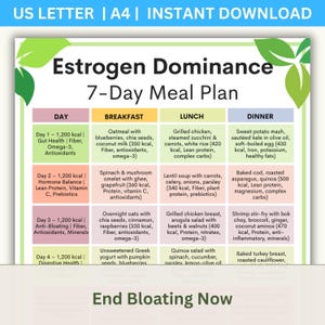 May include: A colorful meal plan titled "Estrogen Dominance 7-Day Meal Plan" with daily meal suggestions. The plan includes breakfast, lunch, and dinner options with calorie counts and nutritional information. The text "End Bloating Now" is at the bottom.