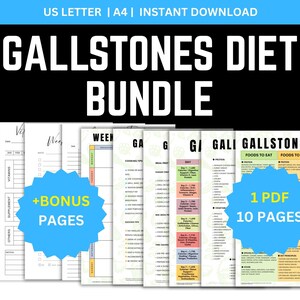 Könnte beinhalten: Sammlung druckbarer Seiten für eine Gallenblasen-Diät, einschließlich Speisepläne und Lebensmittellisten. Der Titel "GALLSTONES DIET BUNDLE" ist in Weiß auf schwarzem Hintergrund dargestellt. Enthält Bonusseiten und 10 Seiten in 1 PDF.