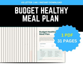 Budget healthy meal plan pdf, protein food list, 4 week meal menu, daily tracker, meal planner printable, real food recipes digital download