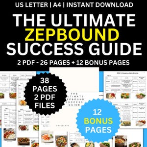 以下が含まれることがあります： 「THE ULTIMATE ZEPBOUND SUCCESS GUIDE」というタイトルのデジタルダウンロード。ガイドには、38ページと12のボーナスページを含む2つのPDFファイルが含まれています。「US LETTER | A4 | INSTANT DOWNLOAD」というテキストが上部にあります。