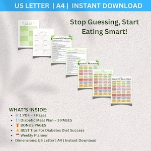 May include: A collection of printable documents with the text "Stop Guessing, Start Eating Smart!" and "Diabetic Meal Plan." The documents are in shades of green, white, and various colors. The image also includes the text "What's Inside:" and a list of the contents.