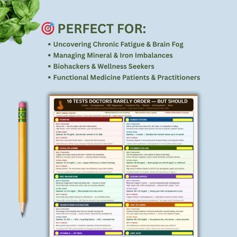 10 Functional Lab Tests Guide, Root Cause Medicine Chart, 2025 Optimal Lab Ranges, Ferritin Magnesium Homocysteine, Health, PDF, functional labs, optimal ranges, root cause guide, blood work chart, ferritin levels, rbc magnesium, homocysteine, health tracker, medical reference, wellness guide, health printable, biohacking tool, lab test pdf