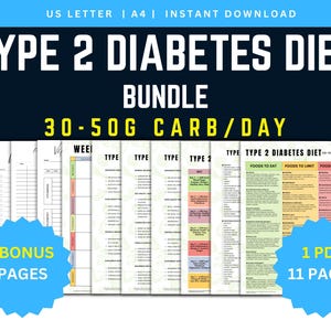 Peut inclure: Un ensemble téléchargeable numériquement pour un régime contre le diabète de type 2, avec des pages imprimables. L'ensemble comprend des plans de repas, des listes d'aliments et des guides, axés sur un régime de 30 à 50 g de glucides par jour. Comprend des pages bonus et 11 pages en 1 PDF.