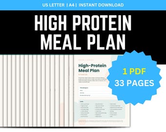 High protein meal plan pdf, protein food list, 4 week meal menu, daily tracker, meal planner printable, real food recipes digital download