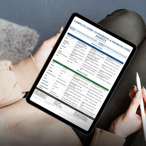 gut health, probiotic foods, prebiotic list, fermented food, microbiome diet, digestive health, inulin fiber, probiotic strains, health printable, nutrition chart, synbiotic foods, wellness guide, diet reference