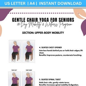 May include: A printable guide titled "Gentle Chair Yoga for Seniors" with instructions for upper-body mobility exercises. The guide includes illustrations of seated yoga poses and the text "US LETTER | A4 | INSTANT DOWNLOAD".