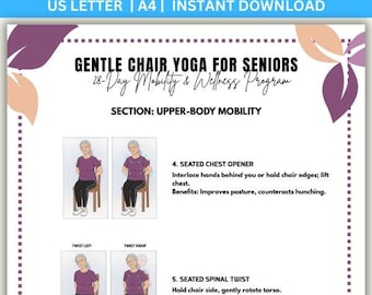 Yoga en silla para personas mayores (imprimible) / Programa de entrenamiento de 28 días en PDF, ejercicios de movilidad de bajo impacto, guía de fitness para personas mayores, planificador de bienestar