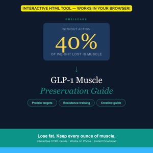 May include: A digital guide titled GLP-1 Muscle Preservation Guide with a dark background. It features the text: Without action 40% of weight lost is muscle. Includes buttons for Protein targets, Resistance training, and Creatine guide. Bottom text: Lose fat. Keep every ounce of muscle.