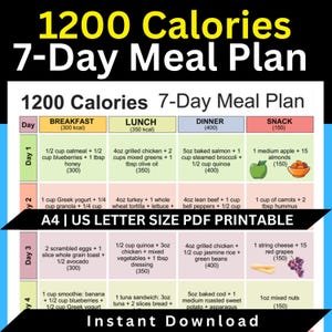Peut inclure: Un plan de repas imprimable de 7 jours pour un régime de 1200 calories. Le tableau coloré comprend des options pour le petit-déjeuner, le déjeuner, le dîner et les collations, avec des décomptes de calories. Le texte dit "Téléchargement instantané".